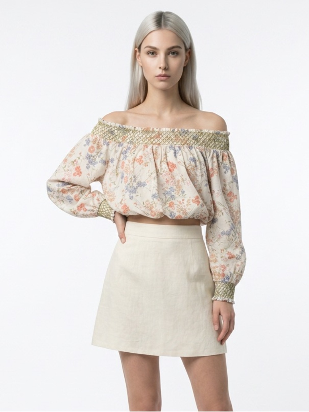 Off-Shoulder Floral Peasant Top in Cream 307